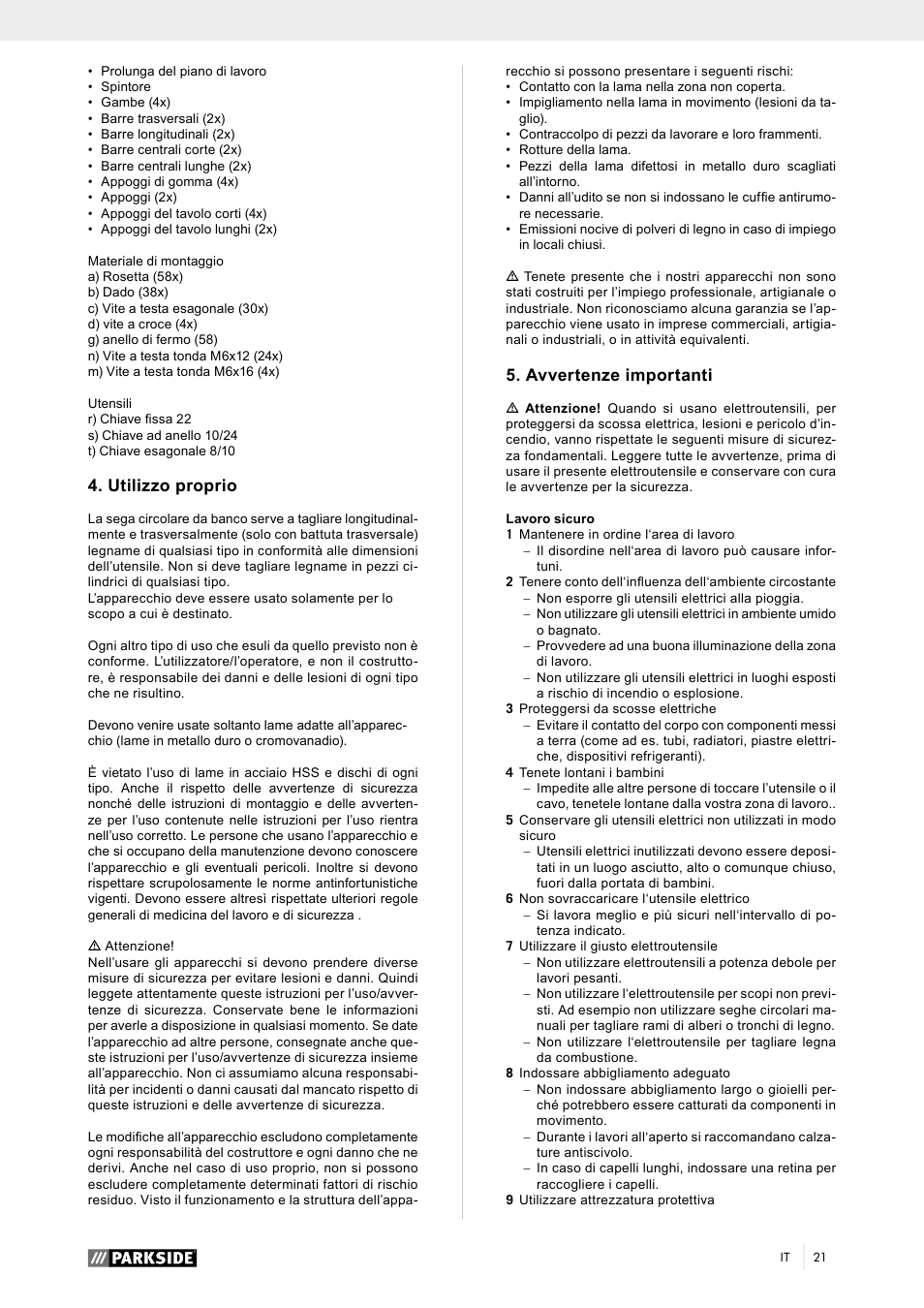 Utilizzo proprio, Avvertenze importanti | Parkside PTK 2000 A1 User Manual | Page 26 / 80