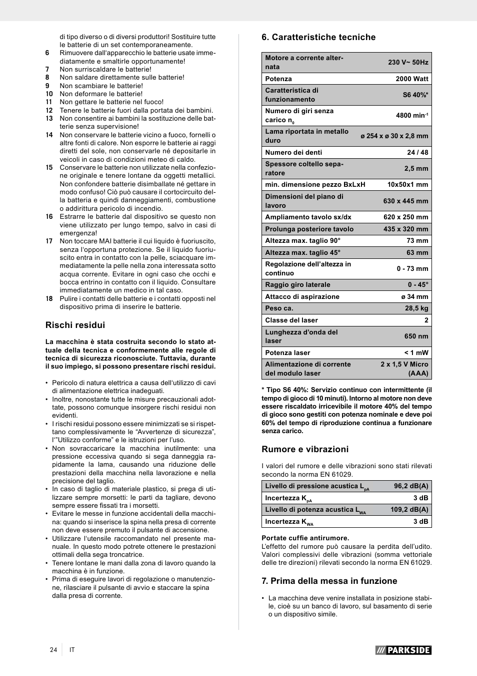 Rischi residui, Caratteristiche tecniche, Rumore e vibrazioni | Prima della messa in funzione | Parkside PTK 2000 A1 User Manual | Page 29 / 80