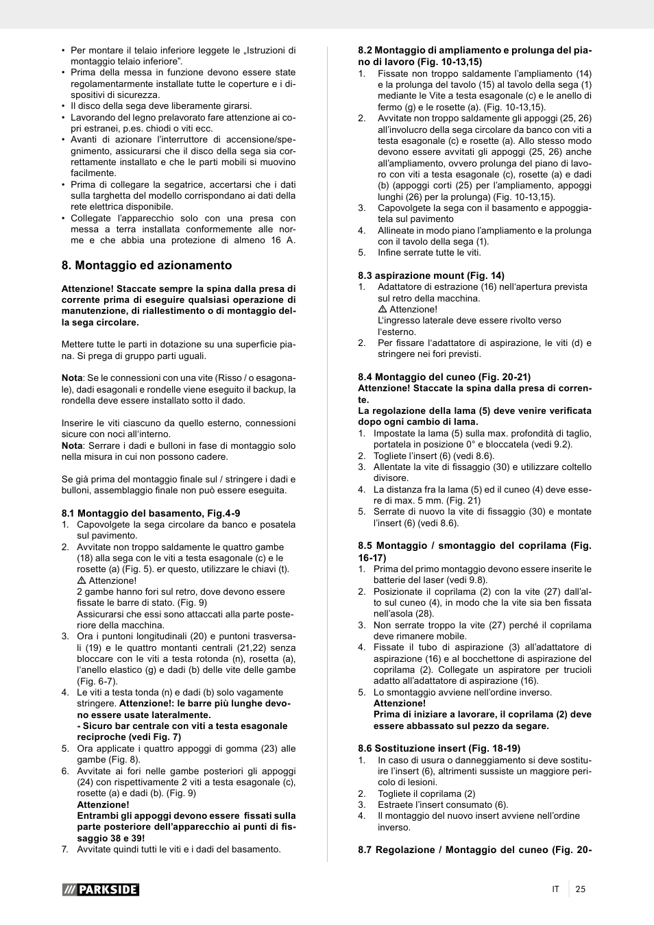 Montaggio ed azionamento | Parkside PTK 2000 A1 User Manual | Page 30 / 80