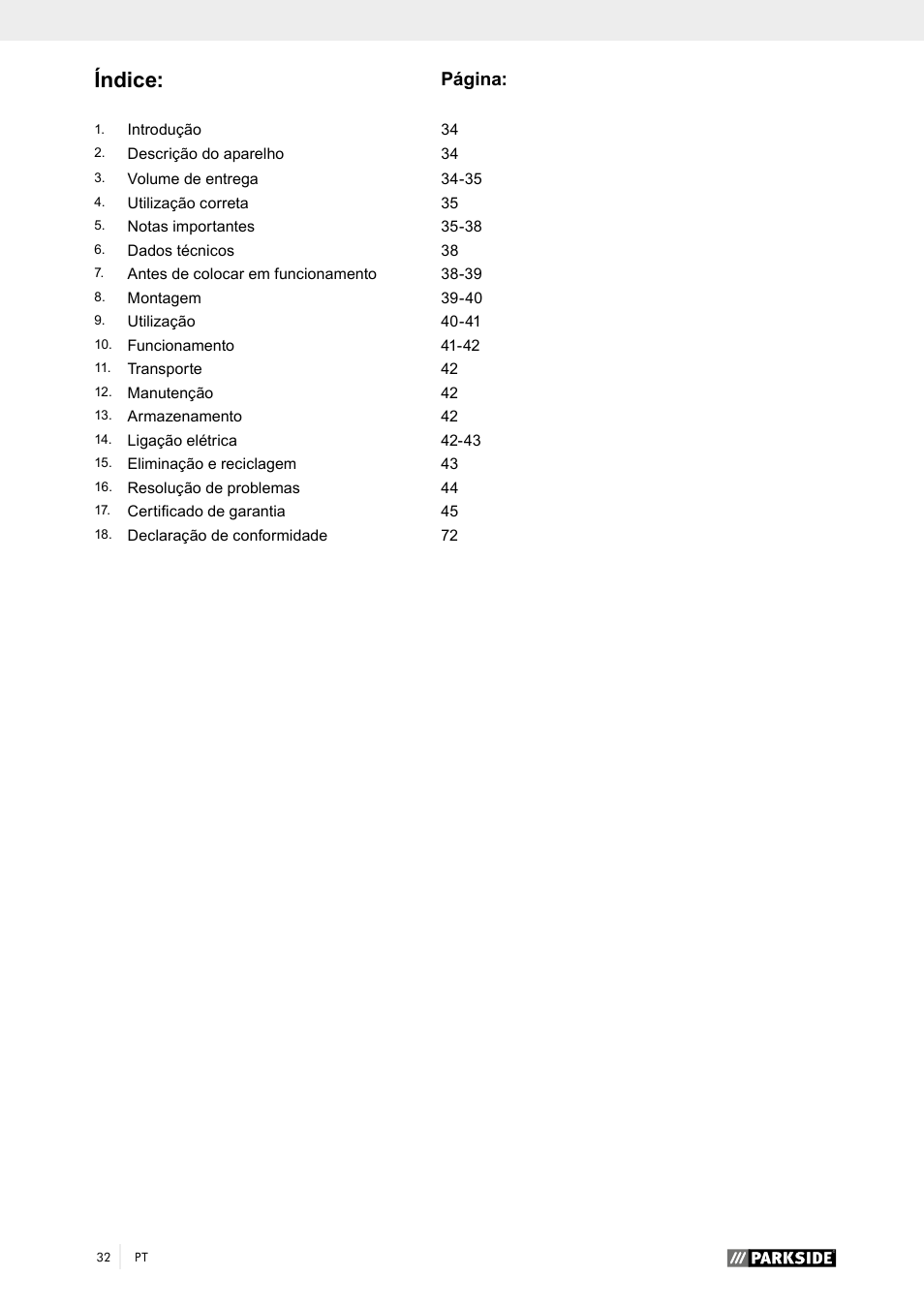 Índice, Página | Parkside PTK 2000 A1 User Manual | Page 37 / 80