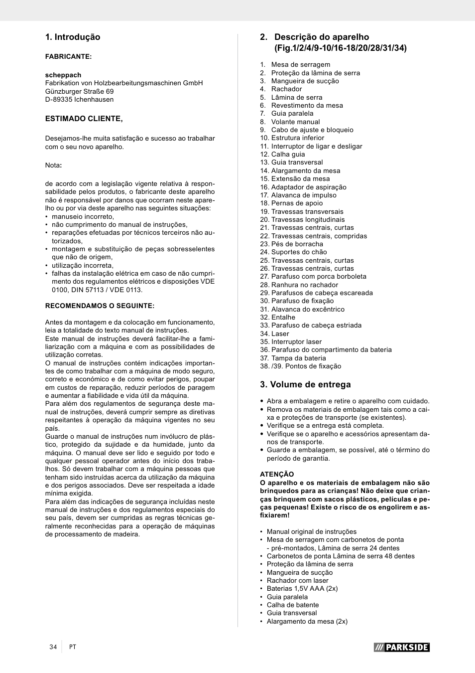 Introdução, Volume de entrega | Parkside PTK 2000 A1 User Manual | Page 39 / 80
