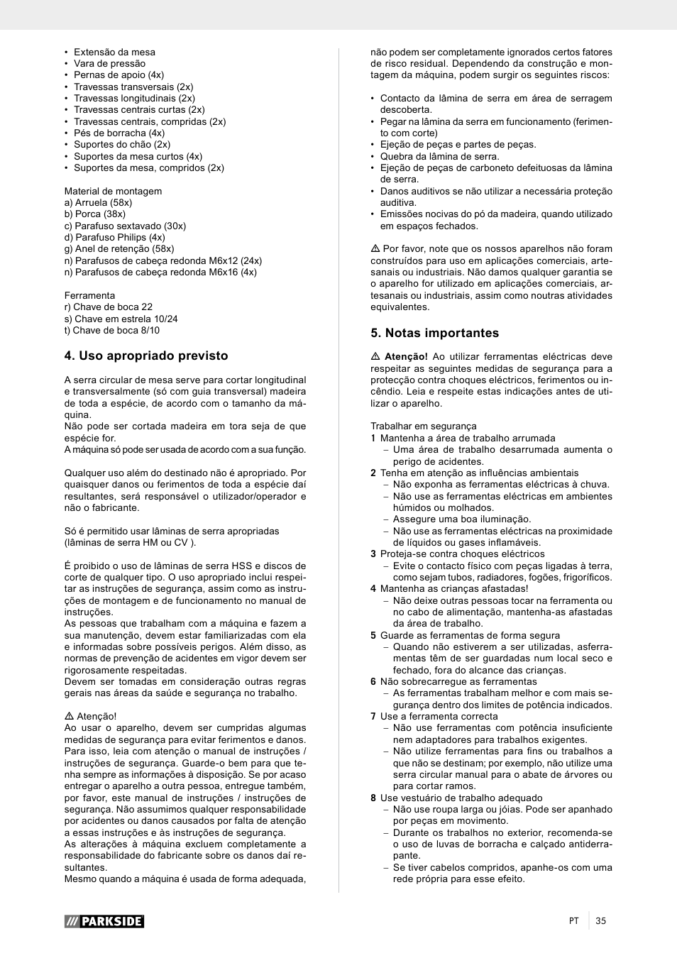 Uso apropriado previsto, Notas importantes | Parkside PTK 2000 A1 User Manual | Page 40 / 80