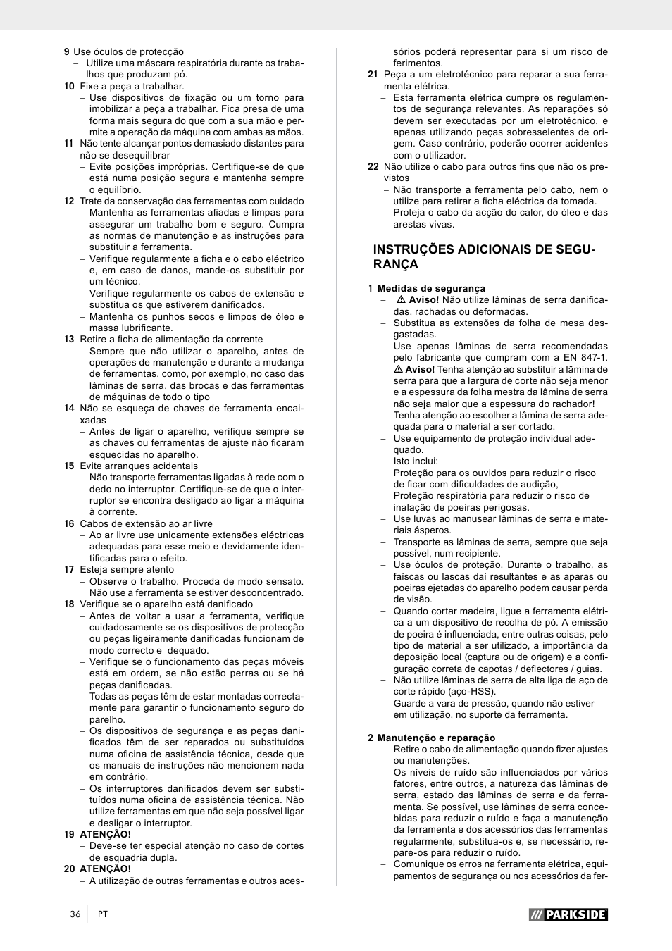 Instruções adicionais de segu- rança | Parkside PTK 2000 A1 User Manual | Page 41 / 80