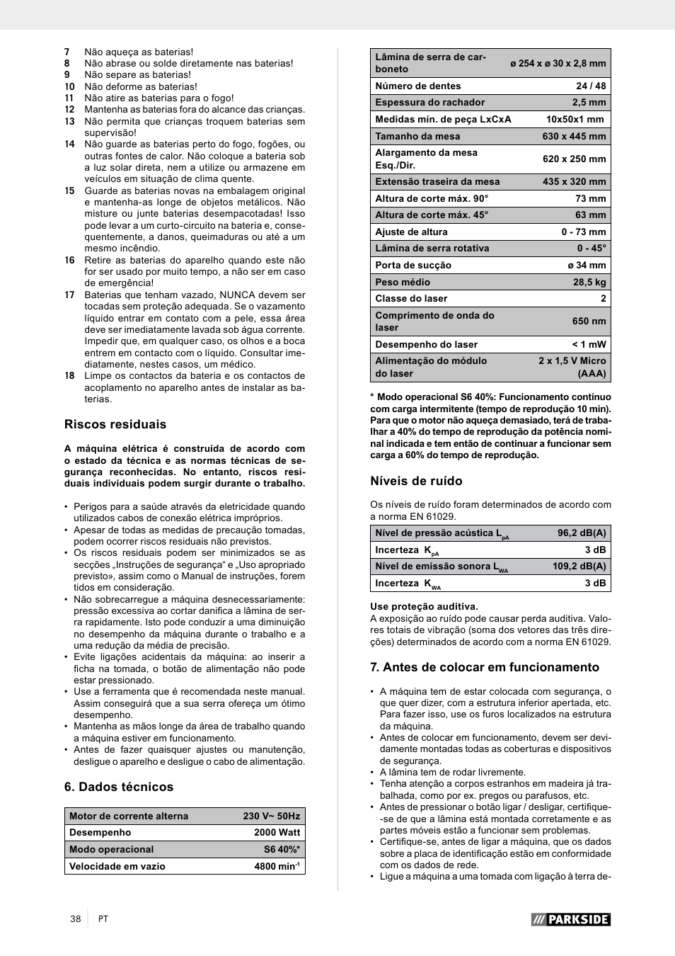 Riscos residuais, Dados técnicos, Níveis de ruído | Antes de colocar em funcionamento | Parkside PTK 2000 A1 User Manual | Page 43 / 80