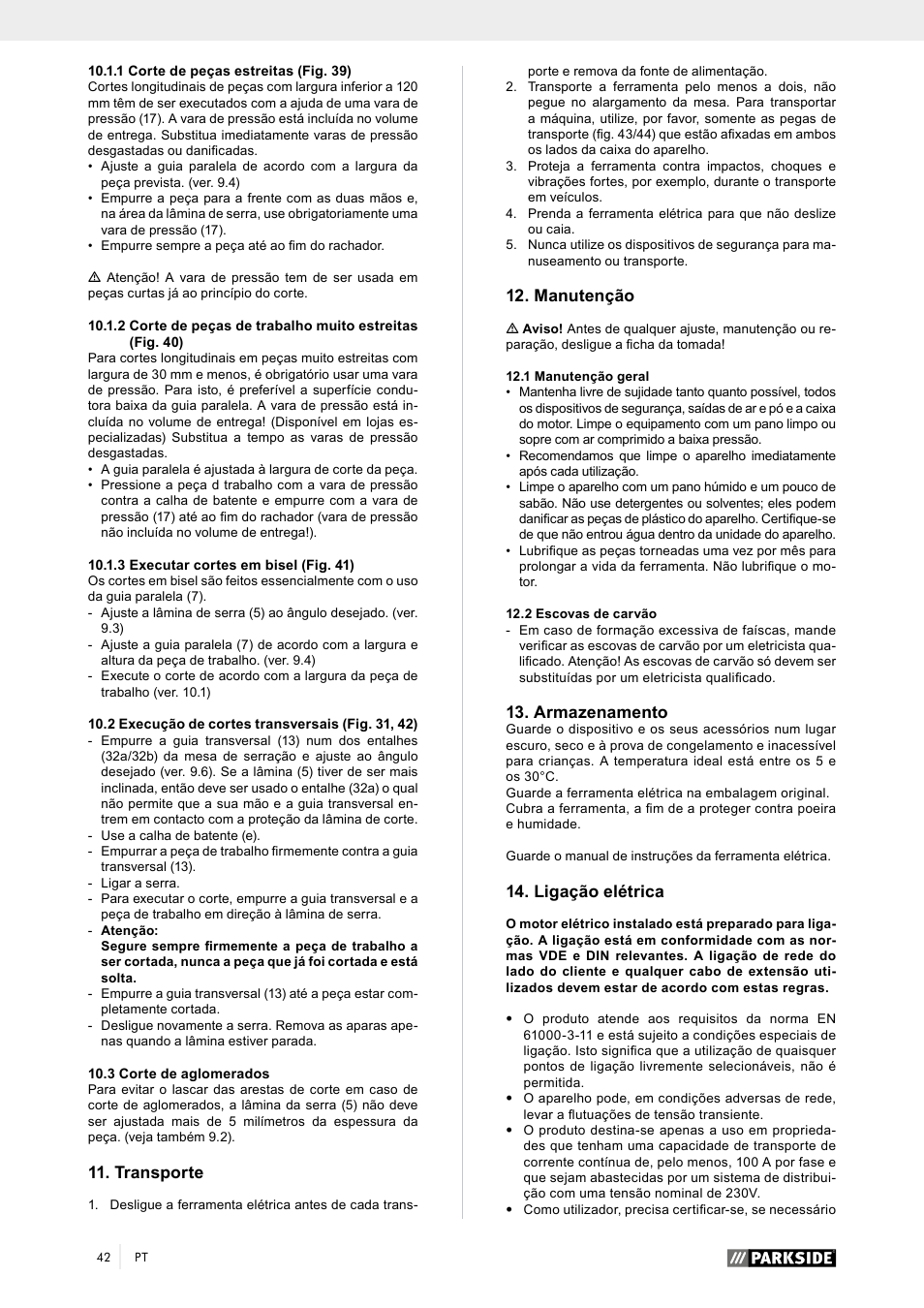 Manutenção, Armazenamento, Ligação elétrica | Transporte | Parkside PTK 2000 A1 User Manual | Page 47 / 80