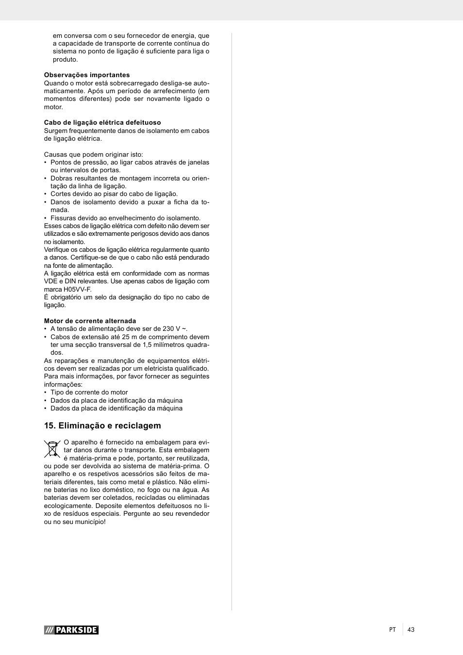Eliminação e reciclagem | Parkside PTK 2000 A1 User Manual | Page 48 / 80