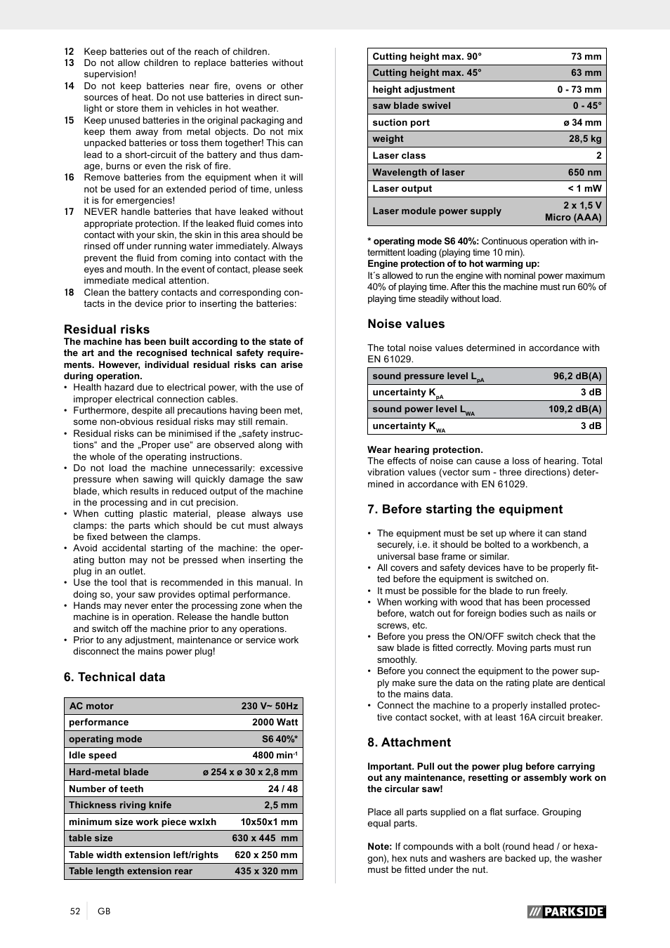 Residual risks, Technical data, Noise values | Before starting the equipment, Attachment | Parkside PTK 2000 A1 User Manual | Page 57 / 80