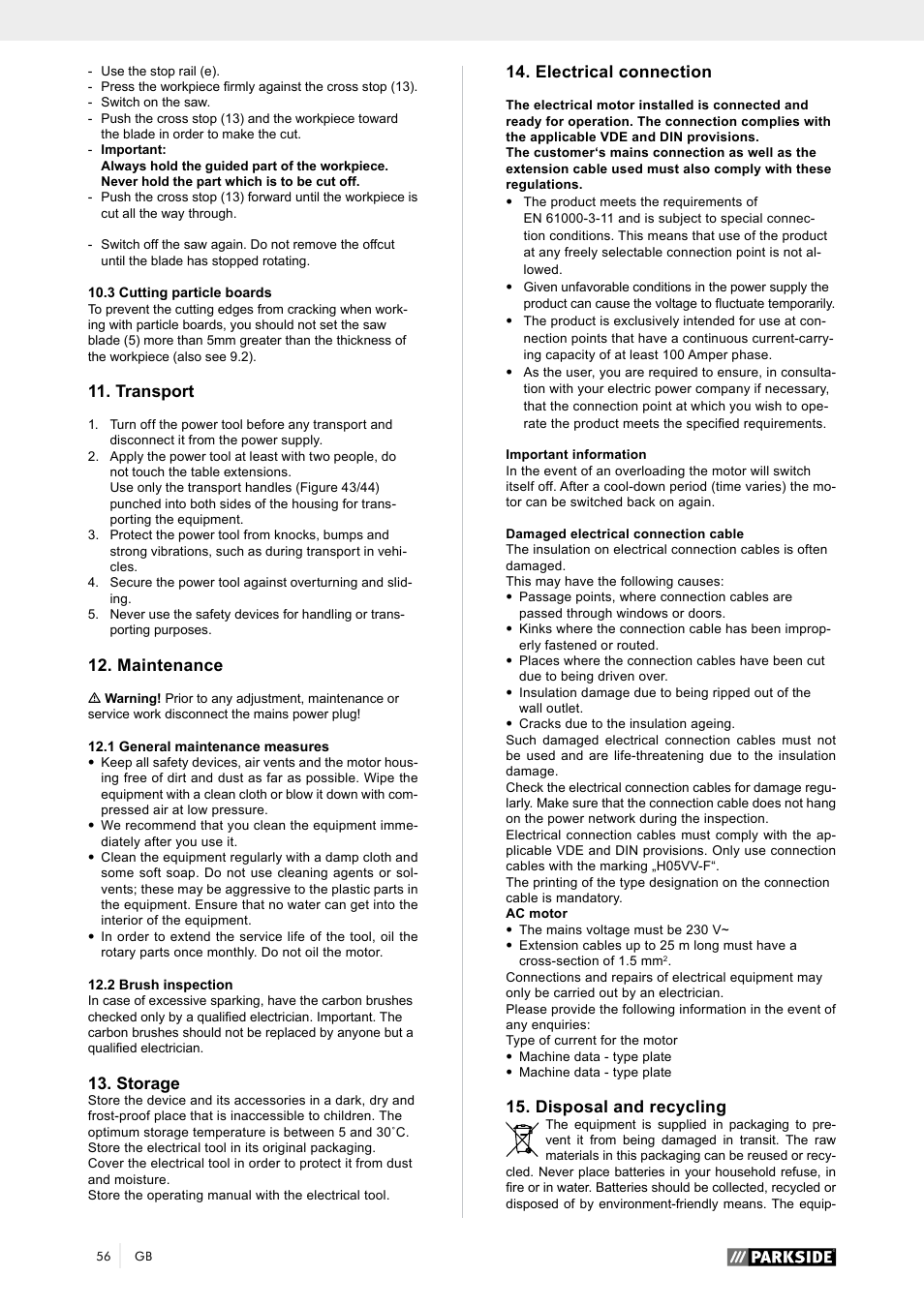 Transport, Maintenance, Storage | Electrical connection, Disposal and recycling | Parkside PTK 2000 A1 User Manual | Page 61 / 80