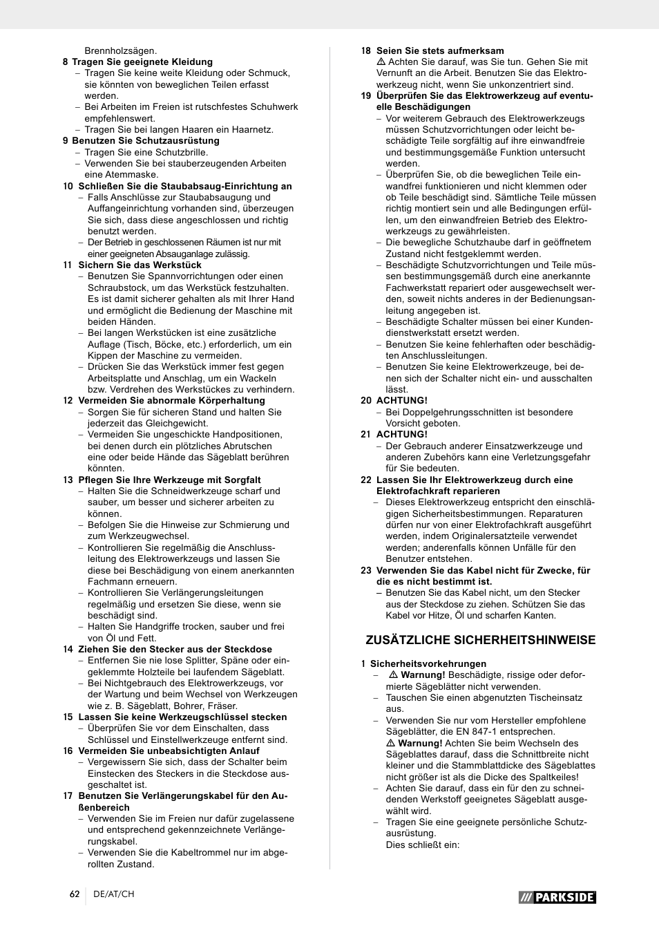 Zusätzliche sicherheitshinweise | Parkside PTK 2000 A1 User Manual | Page 67 / 80