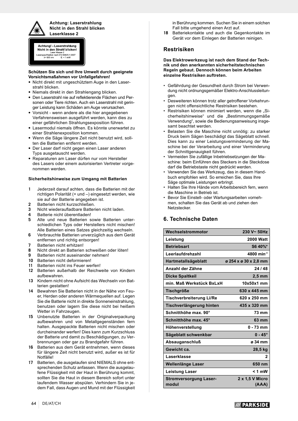 Restrisiken, Technische daten | Parkside PTK 2000 A1 User Manual | Page 69 / 80