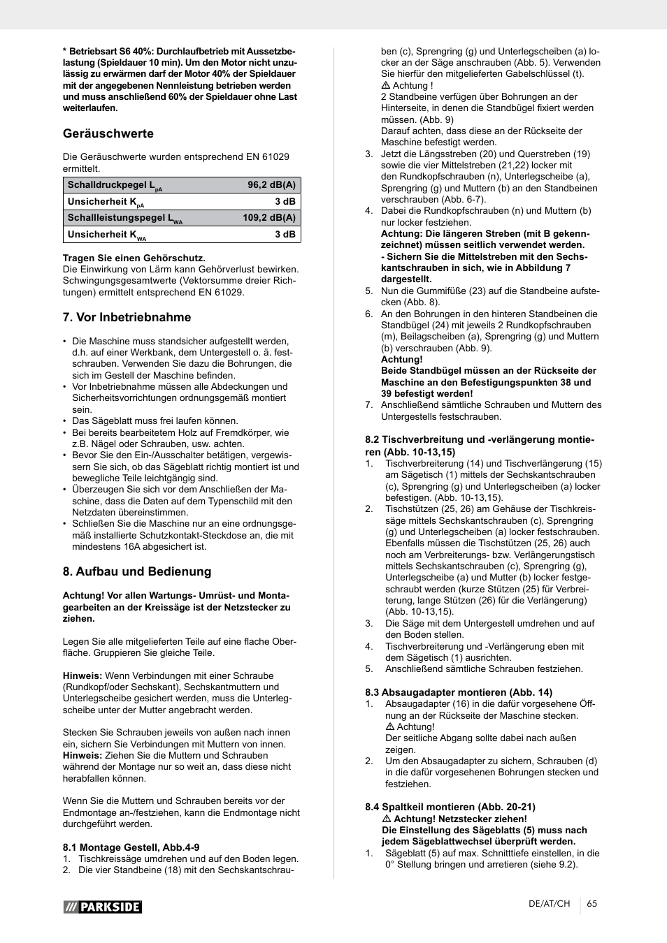 Geräuschwerte, Vor inbetriebnahme, Aufbau und bedienung | Parkside PTK 2000 A1 User Manual | Page 70 / 80