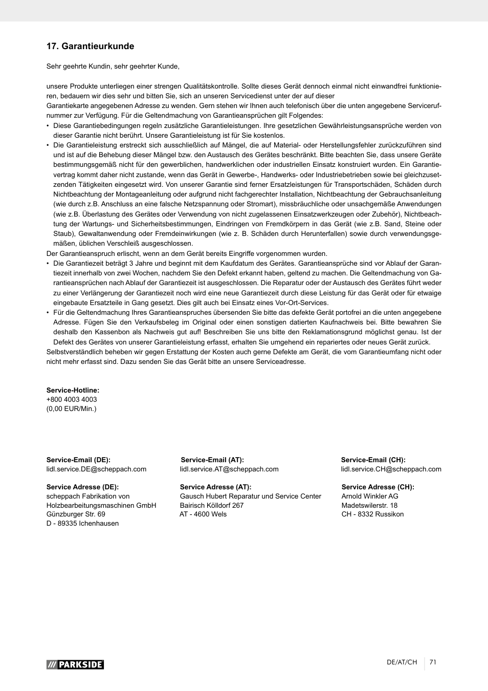 Garantieurkunde | Parkside PTK 2000 A1 User Manual | Page 76 / 80