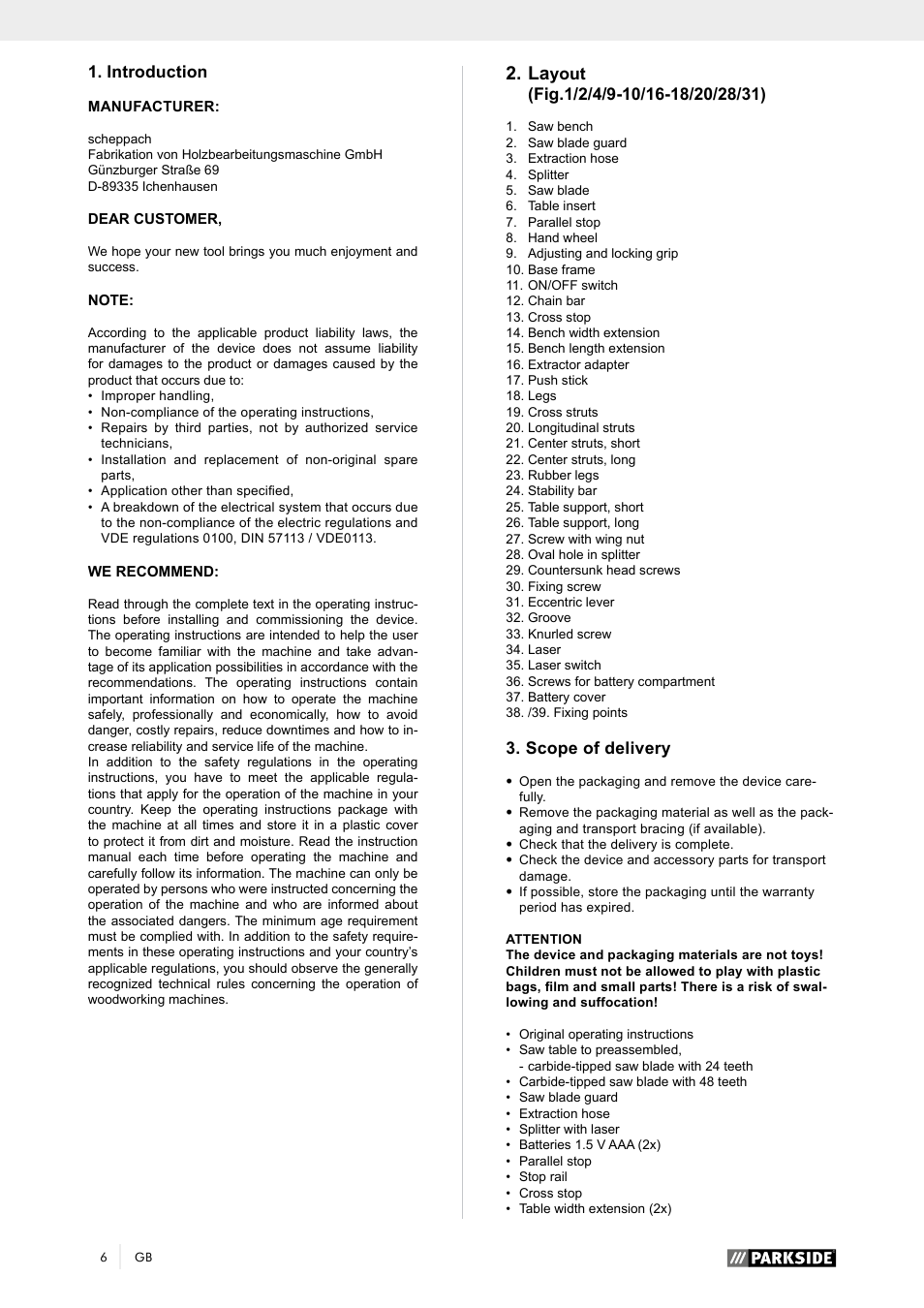 Introduction, Scope of delivery | Parkside PTK 2000 A1 User Manual | Page 11 / 64