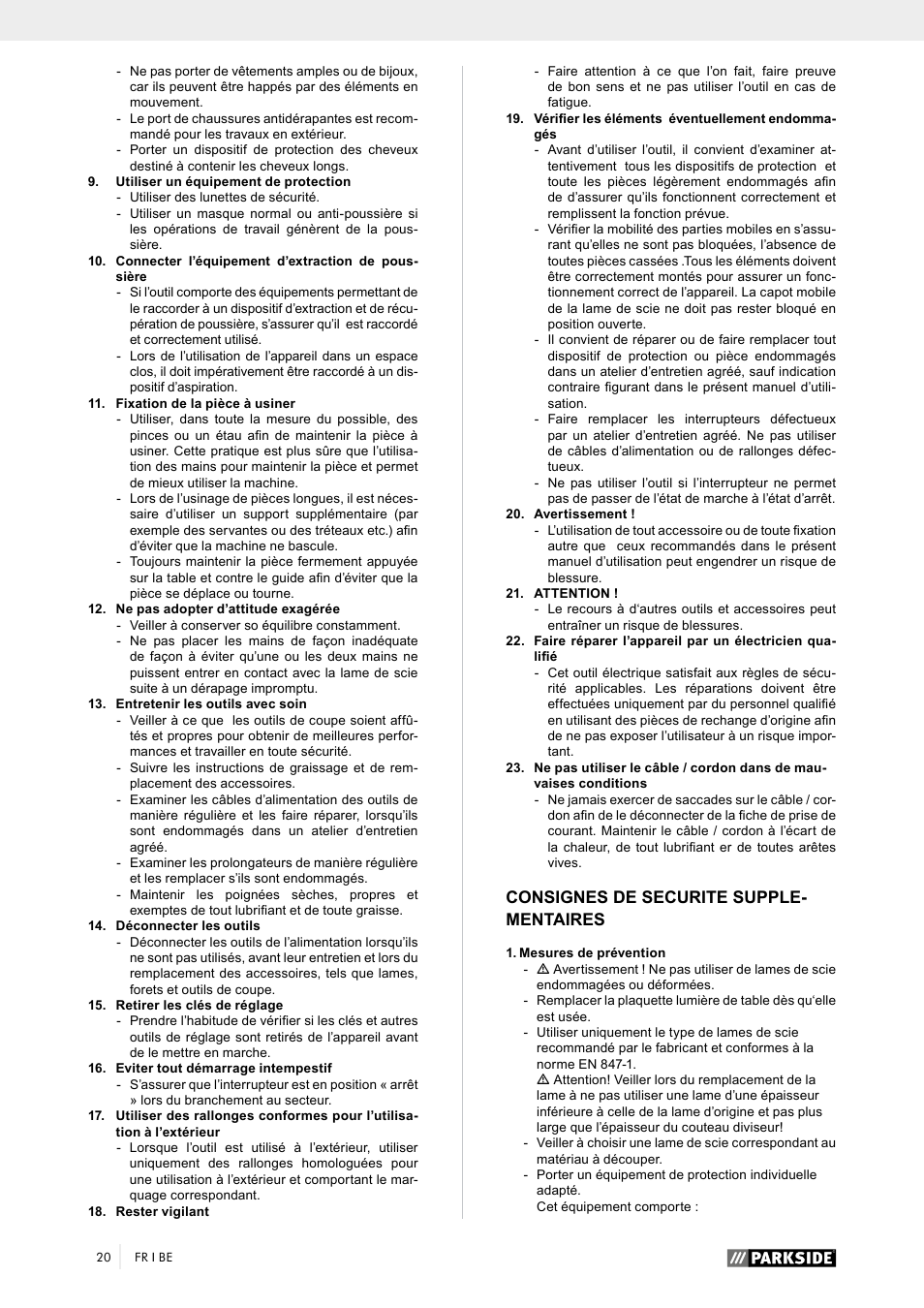 Consignes de securite supple- mentaires | Parkside PTK 2000 A1 User Manual | Page 25 / 64