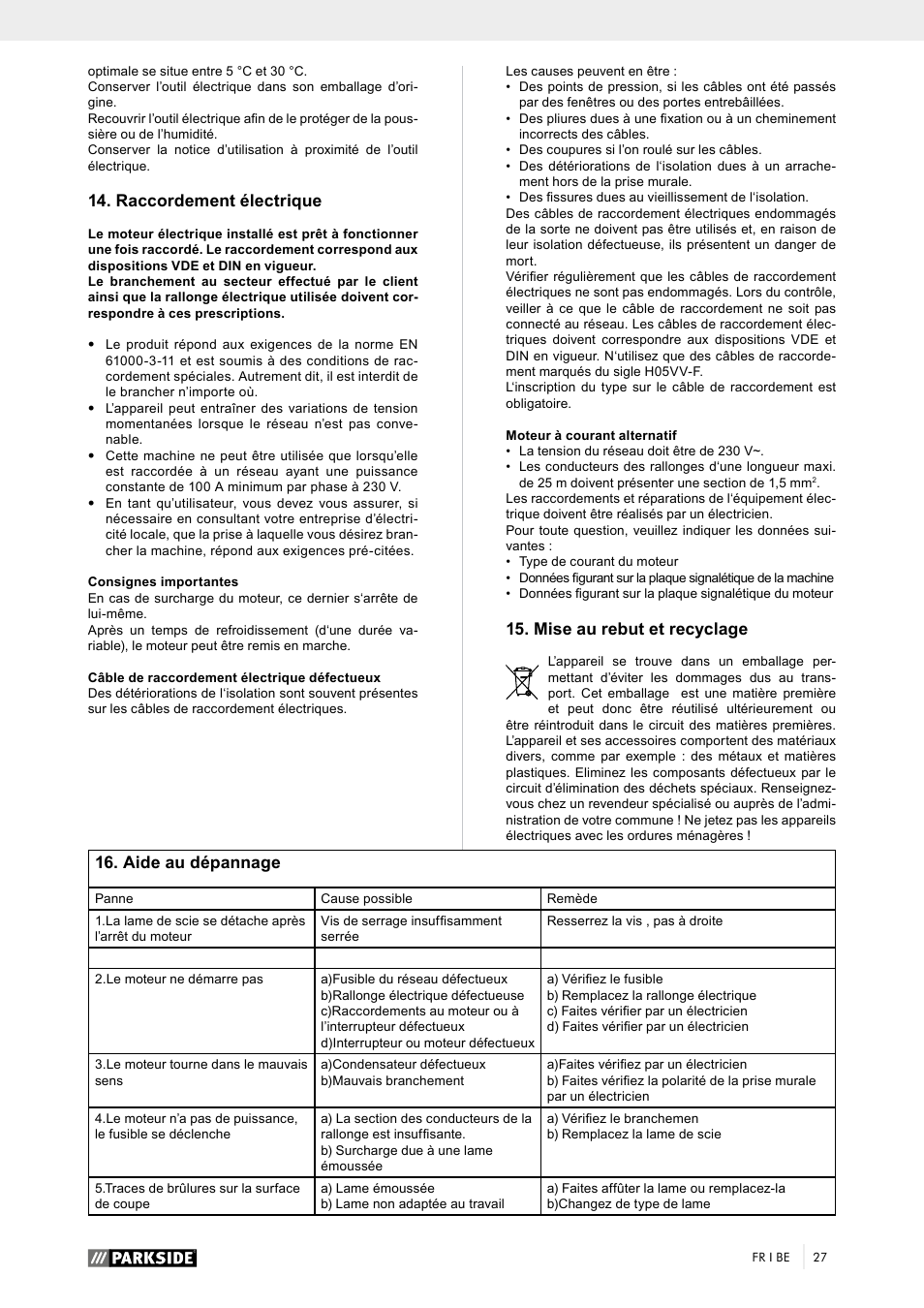 Raccordement électrique, Mise au rebut et recyclage, Aide au dépannage | Parkside PTK 2000 A1 User Manual | Page 32 / 64
