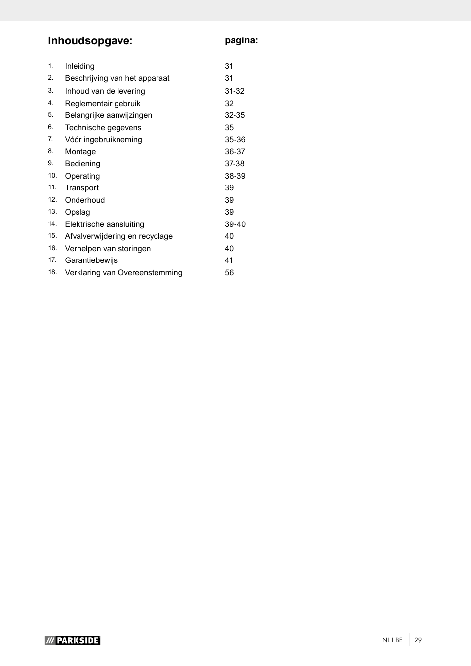 Inhoudsopgave, Pagina | Parkside PTK 2000 A1 User Manual | Page 34 / 64