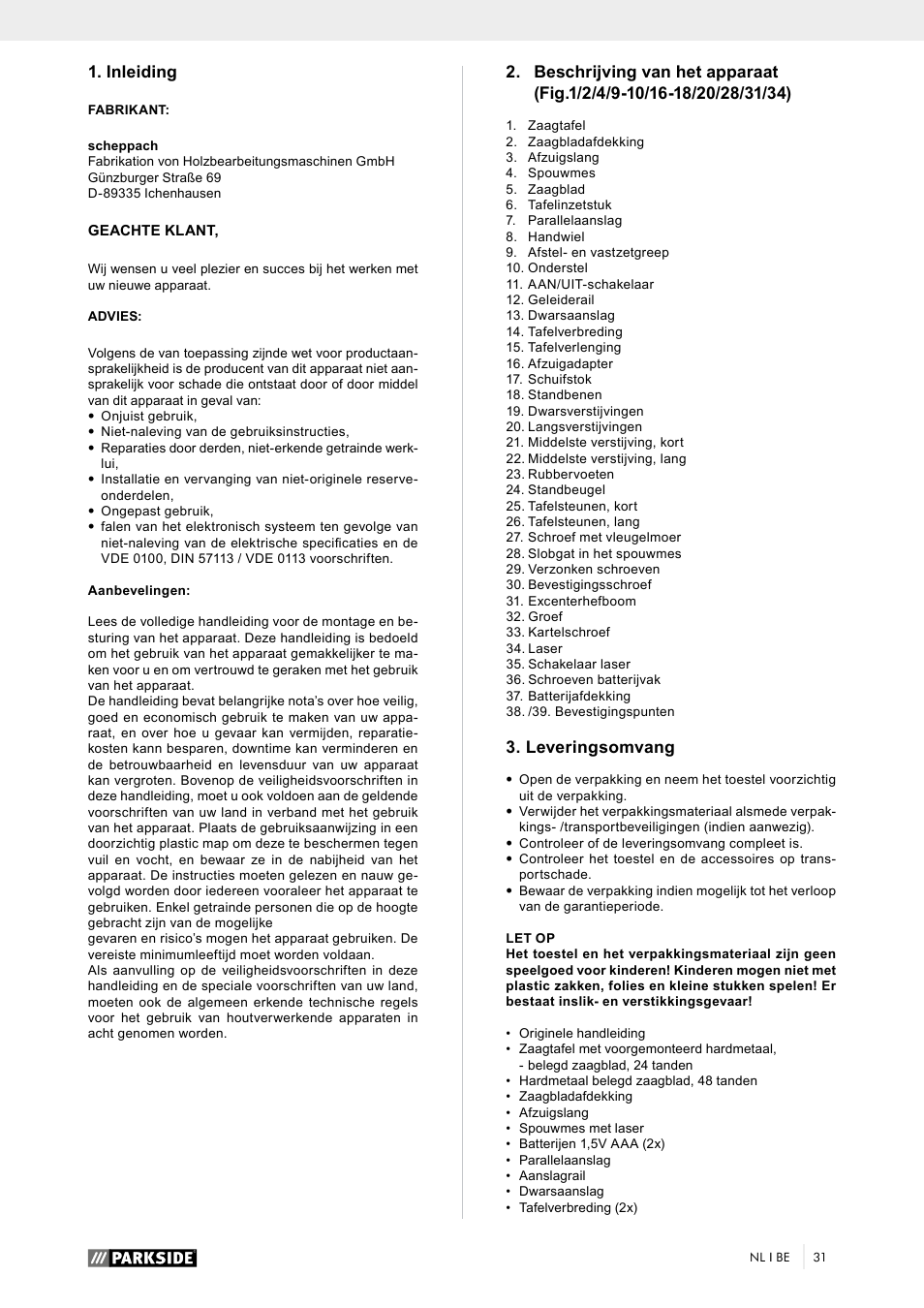 Inleiding, Leveringsomvang | Parkside PTK 2000 A1 User Manual | Page 36 / 64