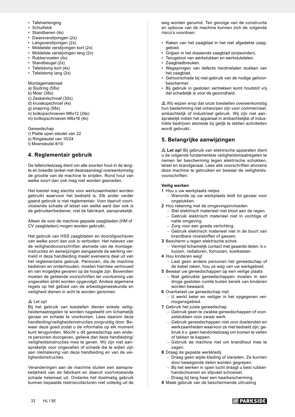 Reglementair gebruik, Belangrijke aanwijzingen | Parkside PTK 2000 A1 User Manual | Page 37 / 64