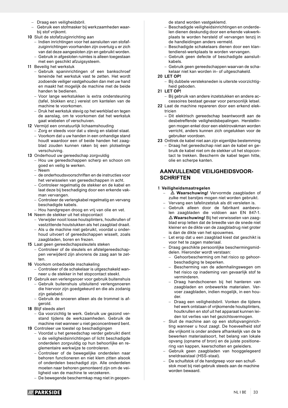 Aanvullende veiligheidsvoor- schriften | Parkside PTK 2000 A1 User Manual | Page 38 / 64