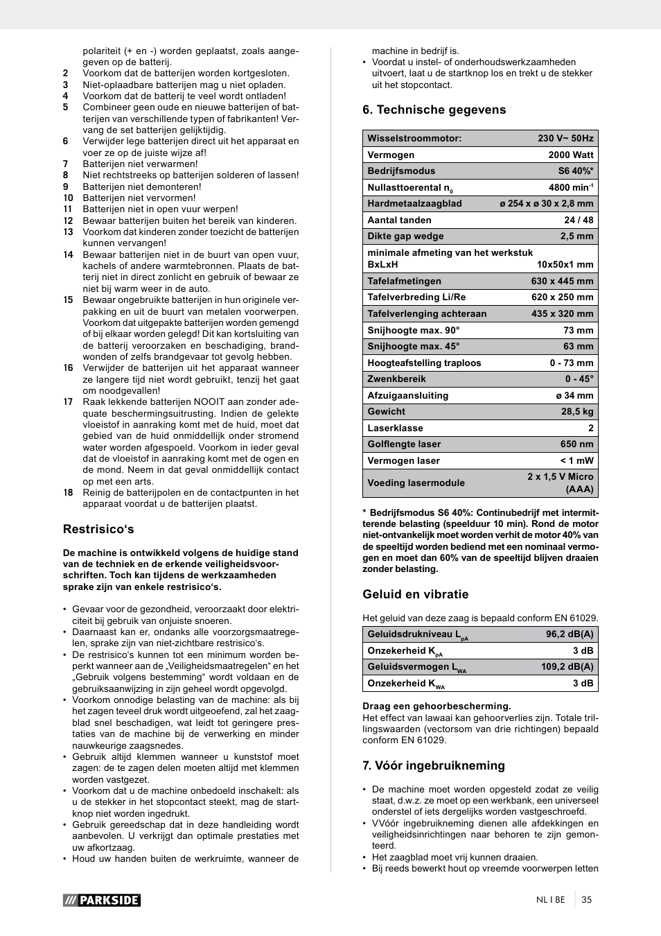 Restrisico‘s, Technische gegevens, Geluid en vibratie | Vóór ingebruikneming | Parkside PTK 2000 A1 User Manual | Page 40 / 64