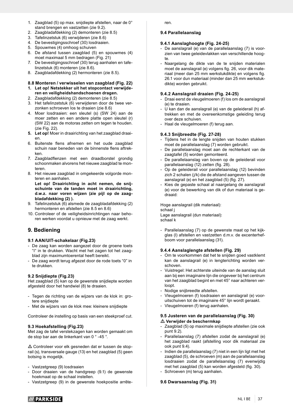 Bediening | Parkside PTK 2000 A1 User Manual | Page 42 / 64