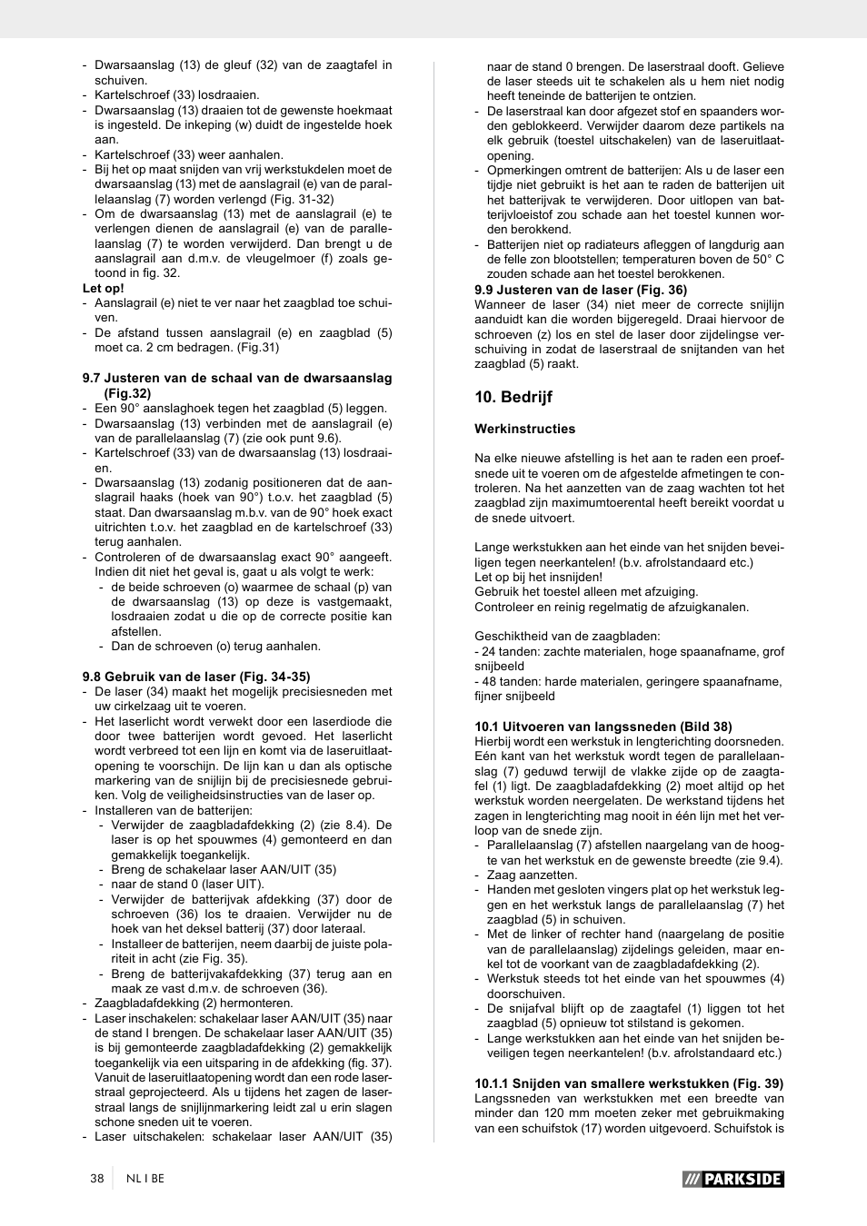 Bedrijf | Parkside PTK 2000 A1 User Manual | Page 43 / 64