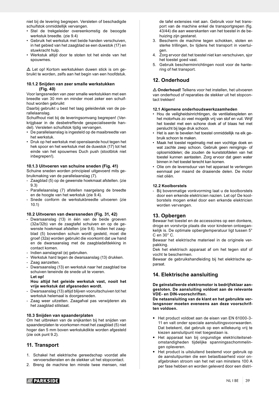 Onderhoud, Opbergen, Elektrische aansluiting | Transport | Parkside PTK 2000 A1 User Manual | Page 44 / 64