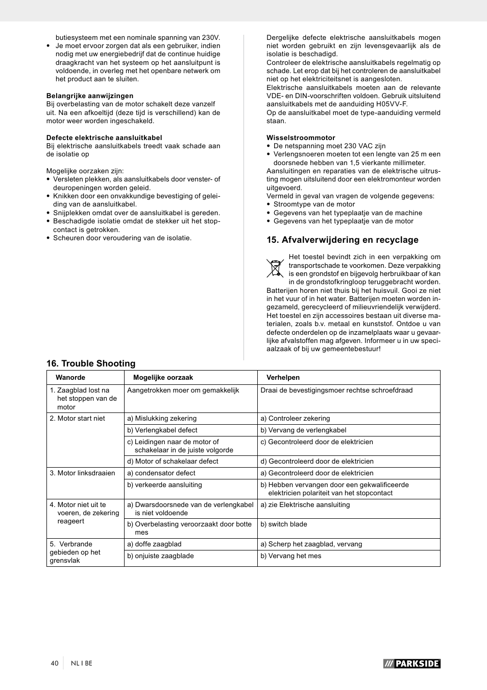Afvalverwijdering en recyclage, Trouble shooting | Parkside PTK 2000 A1 User Manual | Page 45 / 64