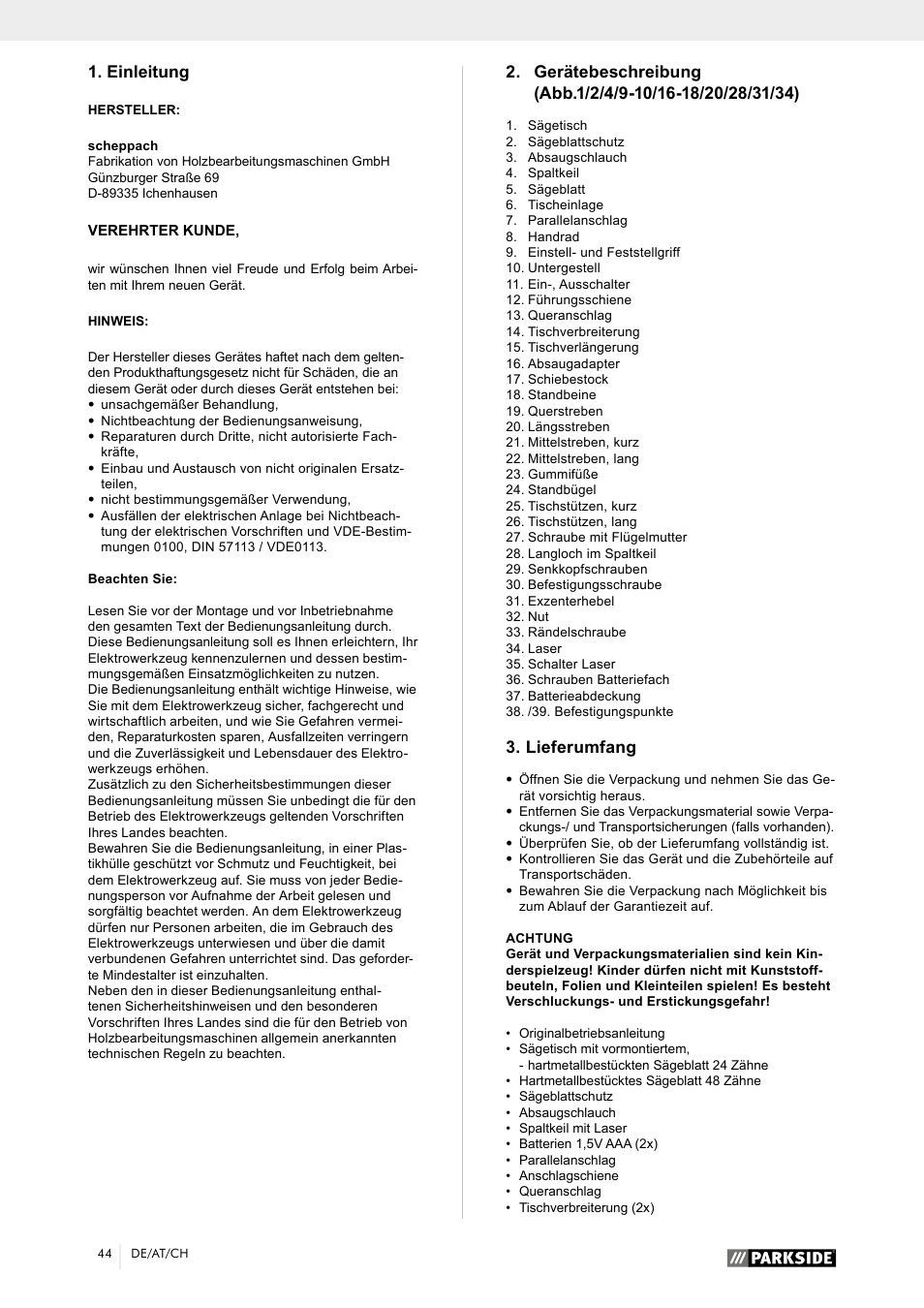 Einleitung, Lieferumfang | Parkside PTK 2000 A1 User Manual | Page 49 / 64