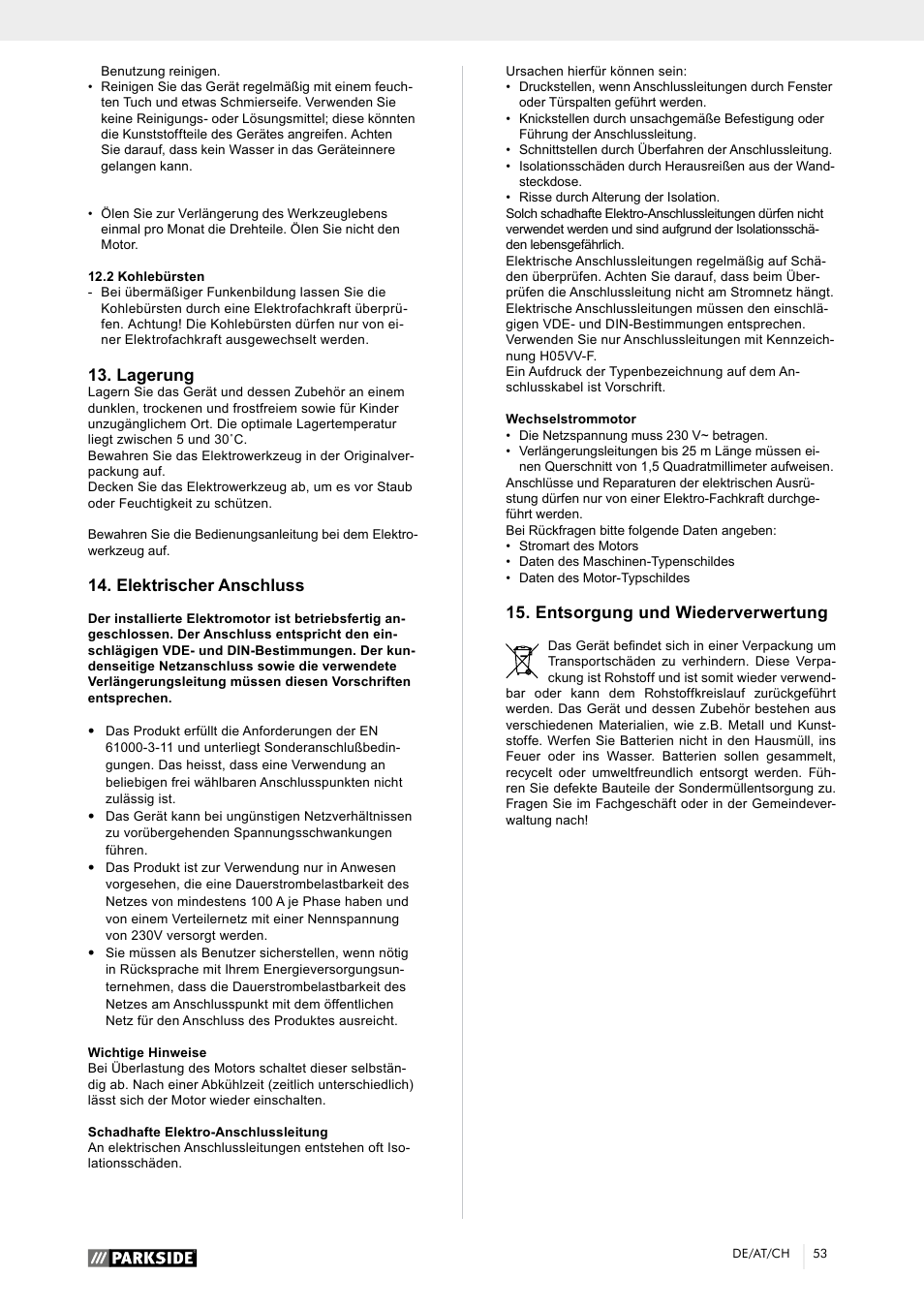 Entsorgung und wiederverwertung, Lagerung, Elektrischer anschluss | Parkside PTK 2000 A1 User Manual | Page 58 / 64