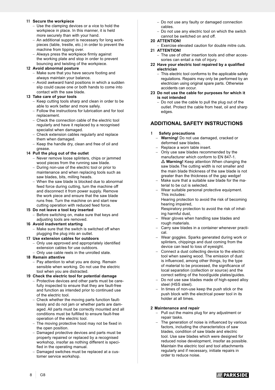 Additional safety instructions | Parkside PTK 2000 A1 User Manual | Page 13 / 90