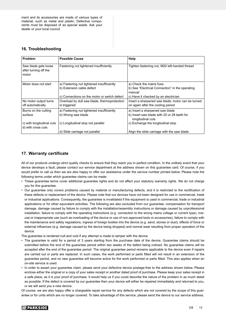 Troubleshooting, Warranty certificate | Parkside PTK 2000 A1 User Manual | Page 20 / 90