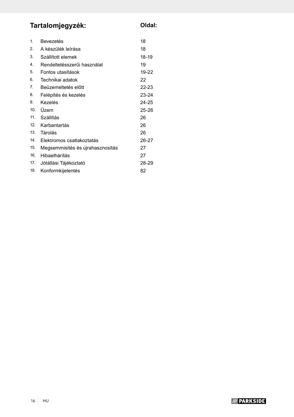 Tartalomjegyzék, Oldal | Parkside PTK 2000 A1 User Manual | Page 21 / 90