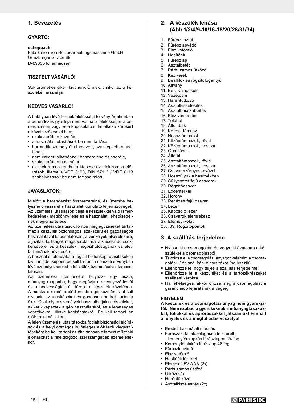 Bevezetés, A szállítás terjedelme | Parkside PTK 2000 A1 User Manual | Page 23 / 90