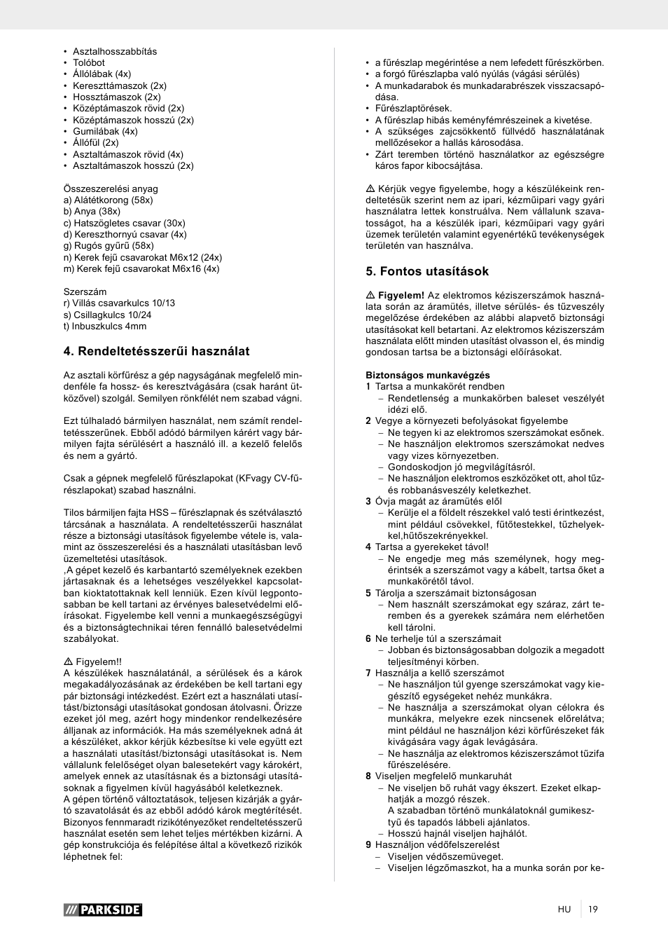 Rendeltetésszerűi használat, Fontos utasítások | Parkside PTK 2000 A1 User Manual | Page 24 / 90