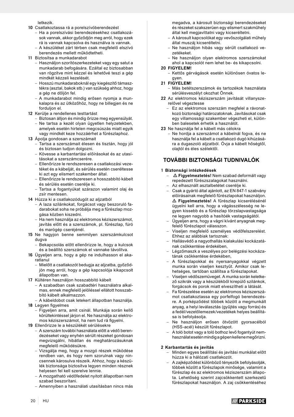 További biztonsági tudnivalók | Parkside PTK 2000 A1 User Manual | Page 25 / 90