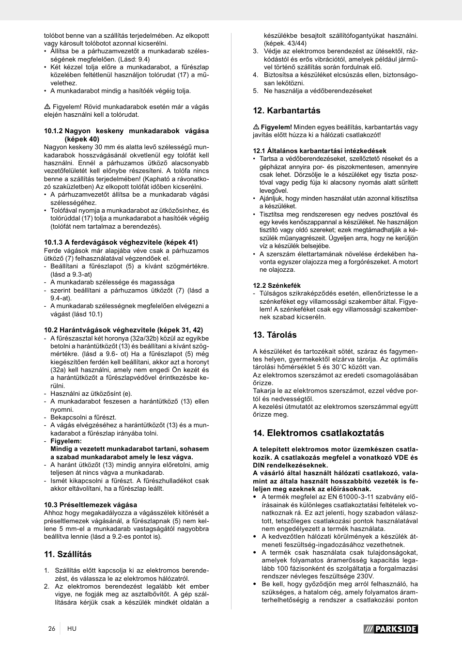 Elektromos csatlakoztatás, Karbantartás, Tárolás | Szállítás | Parkside PTK 2000 A1 User Manual | Page 31 / 90