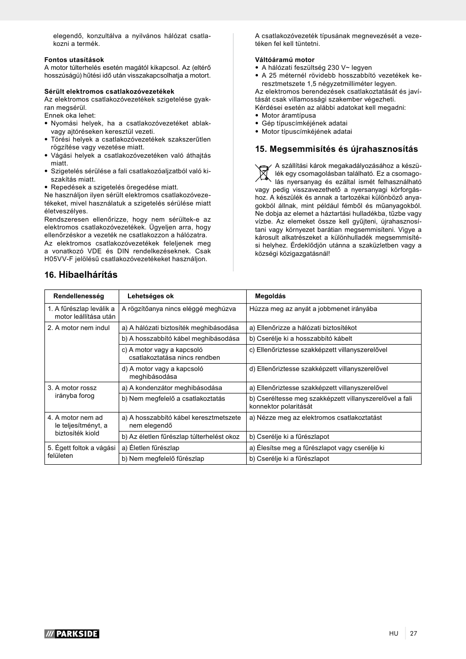 Hibaelhárítás, Megsemmisítés és újrahasznosítás | Parkside PTK 2000 A1 User Manual | Page 32 / 90