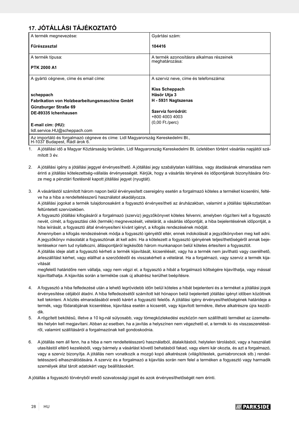 Jótállási tájékoztató | Parkside PTK 2000 A1 User Manual | Page 33 / 90