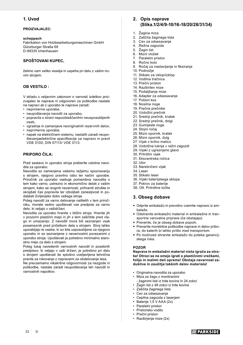 Uvod, Obseg dobave | Parkside PTK 2000 A1 User Manual | Page 37 / 90