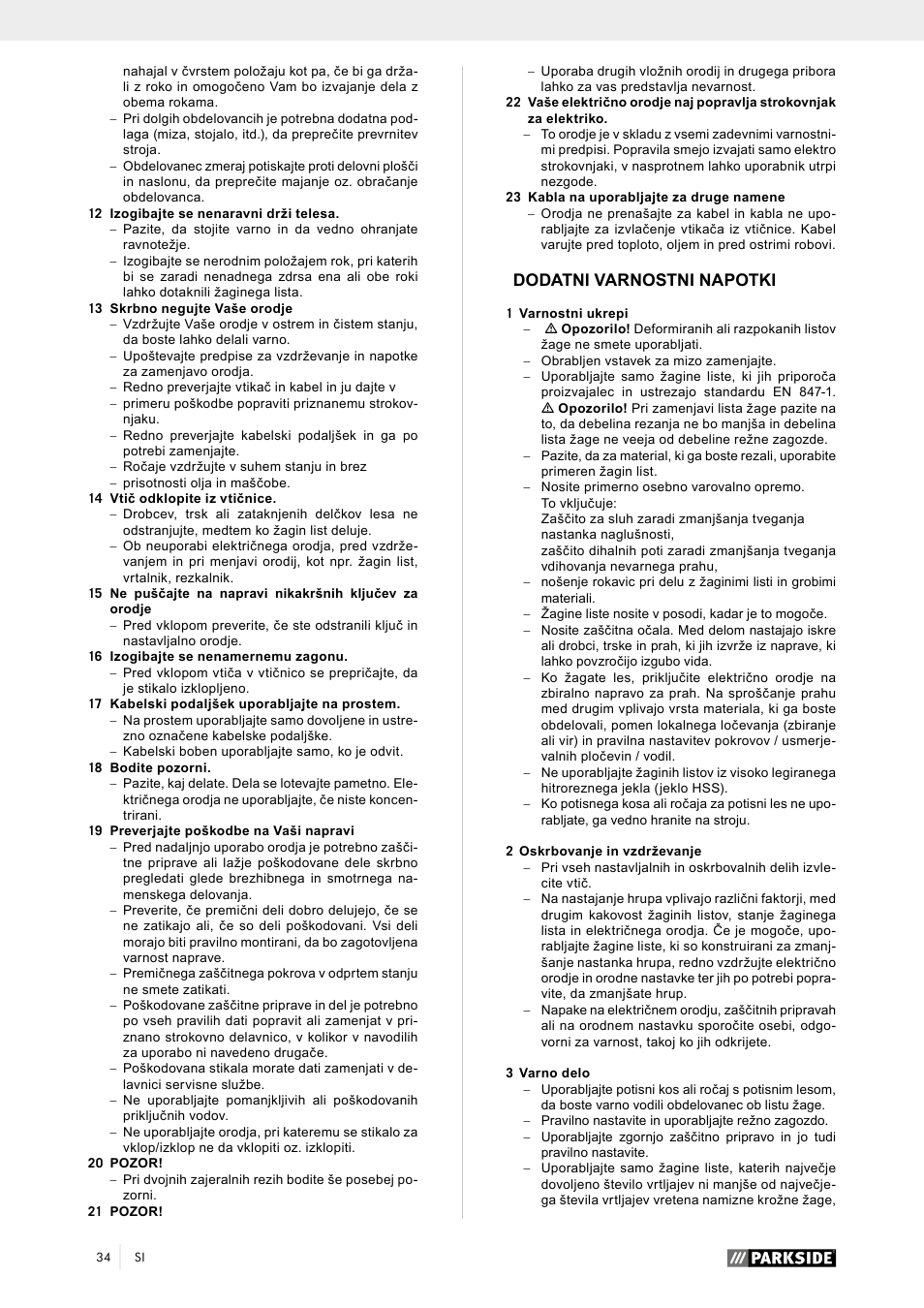 Dodatni varnostni napotki | Parkside PTK 2000 A1 User Manual | Page 39 / 90