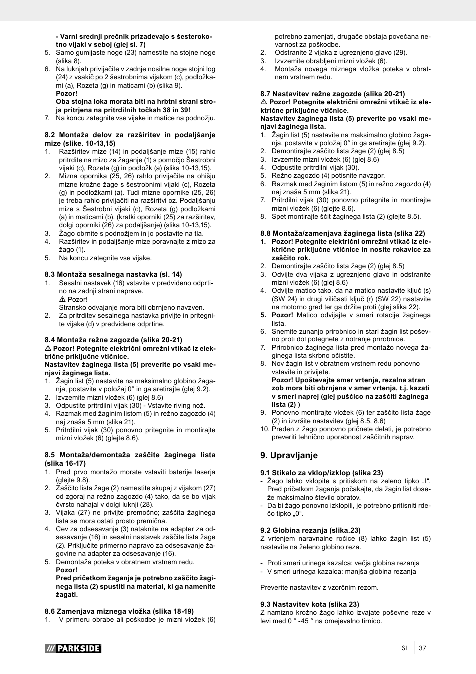 Upravljanje | Parkside PTK 2000 A1 User Manual | Page 42 / 90