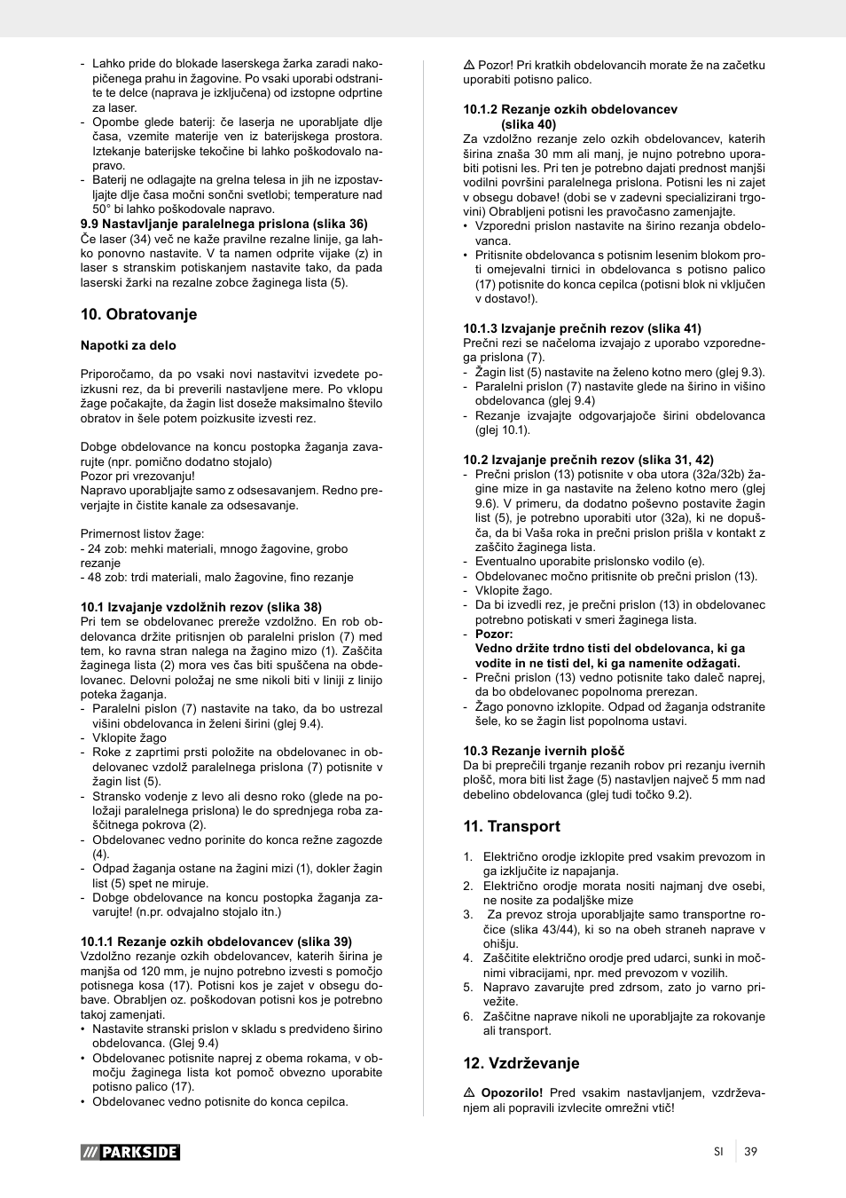 Obratovanje, Transport, Vzdrževanje | Parkside PTK 2000 A1 User Manual | Page 44 / 90