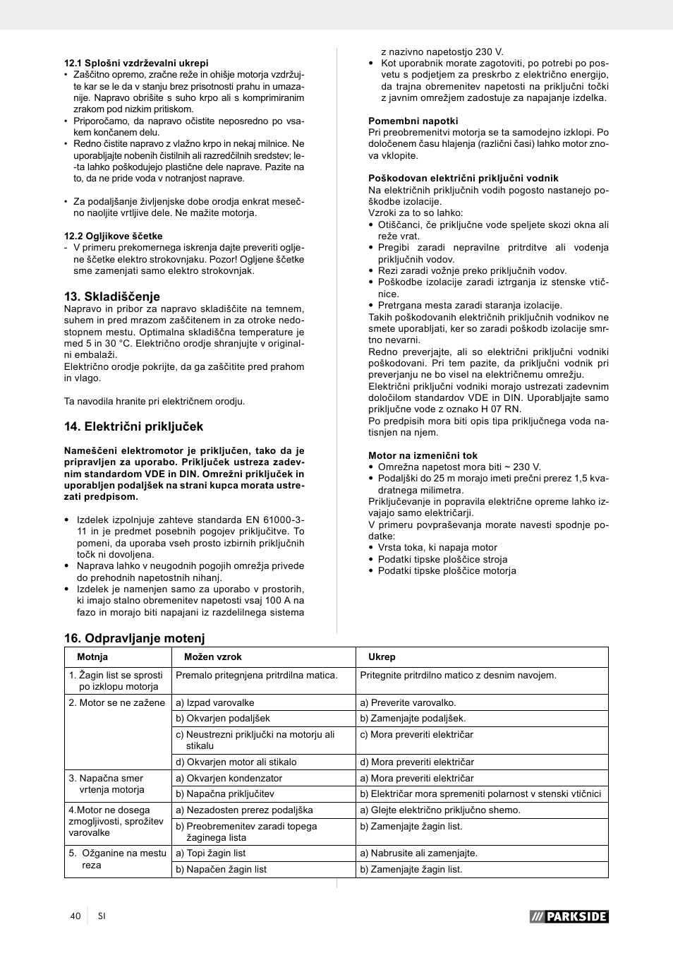 Skladiščenje, Električni priključek, Odpravljanje motenj | Parkside PTK 2000 A1 User Manual | Page 45 / 90