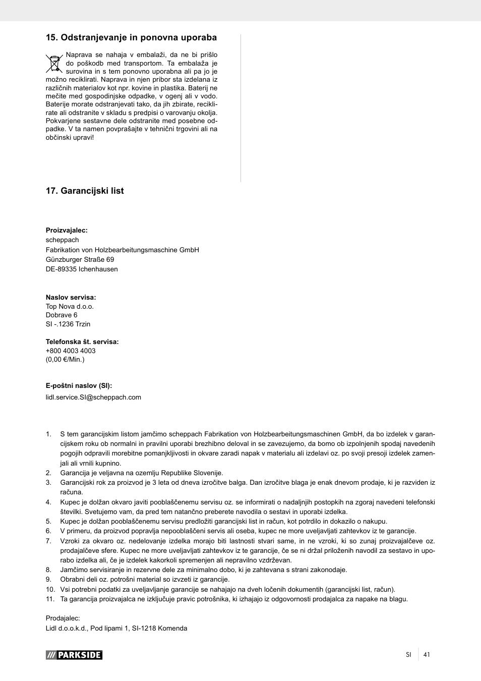 Odstranjevanje in ponovna uporaba, Garancijski list | Parkside PTK 2000 A1 User Manual | Page 46 / 90