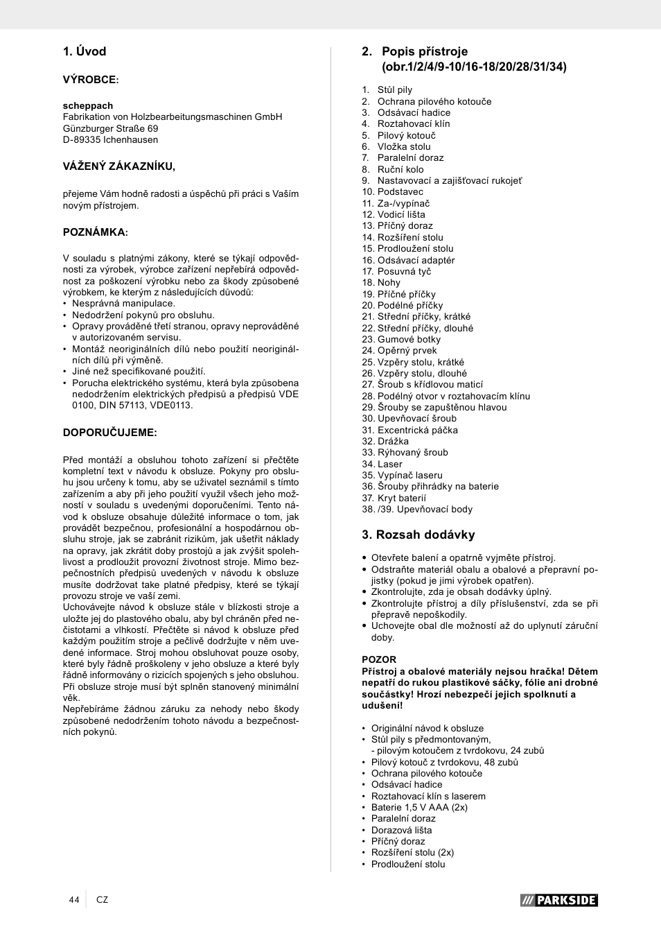 Úvod, Rozsah dodávky | Parkside PTK 2000 A1 User Manual | Page 49 / 90