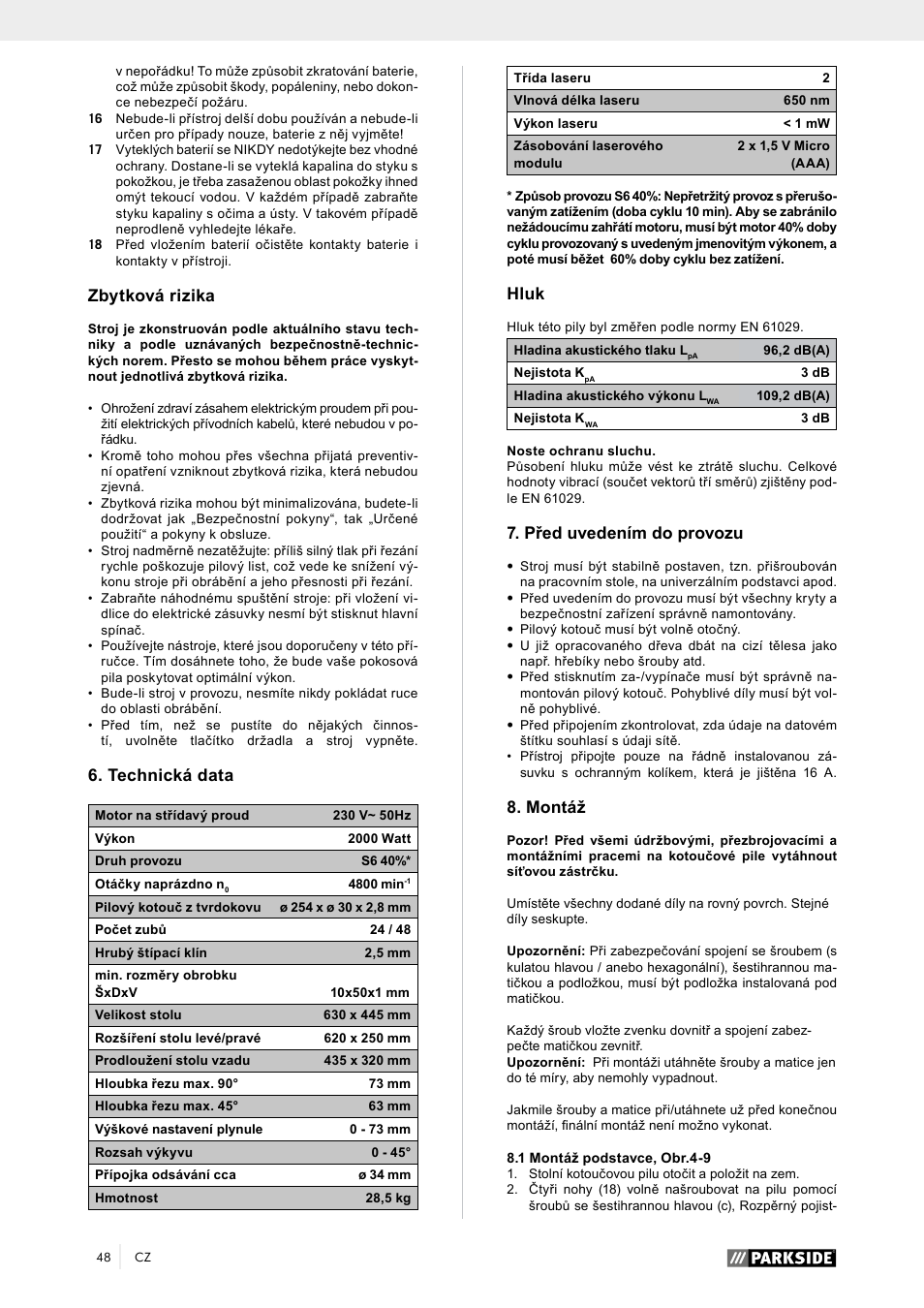 Zbytková rizika, Technická data, Hluk | Před uvedením do provozu, Montáž | Parkside PTK 2000 A1 User Manual | Page 53 / 90