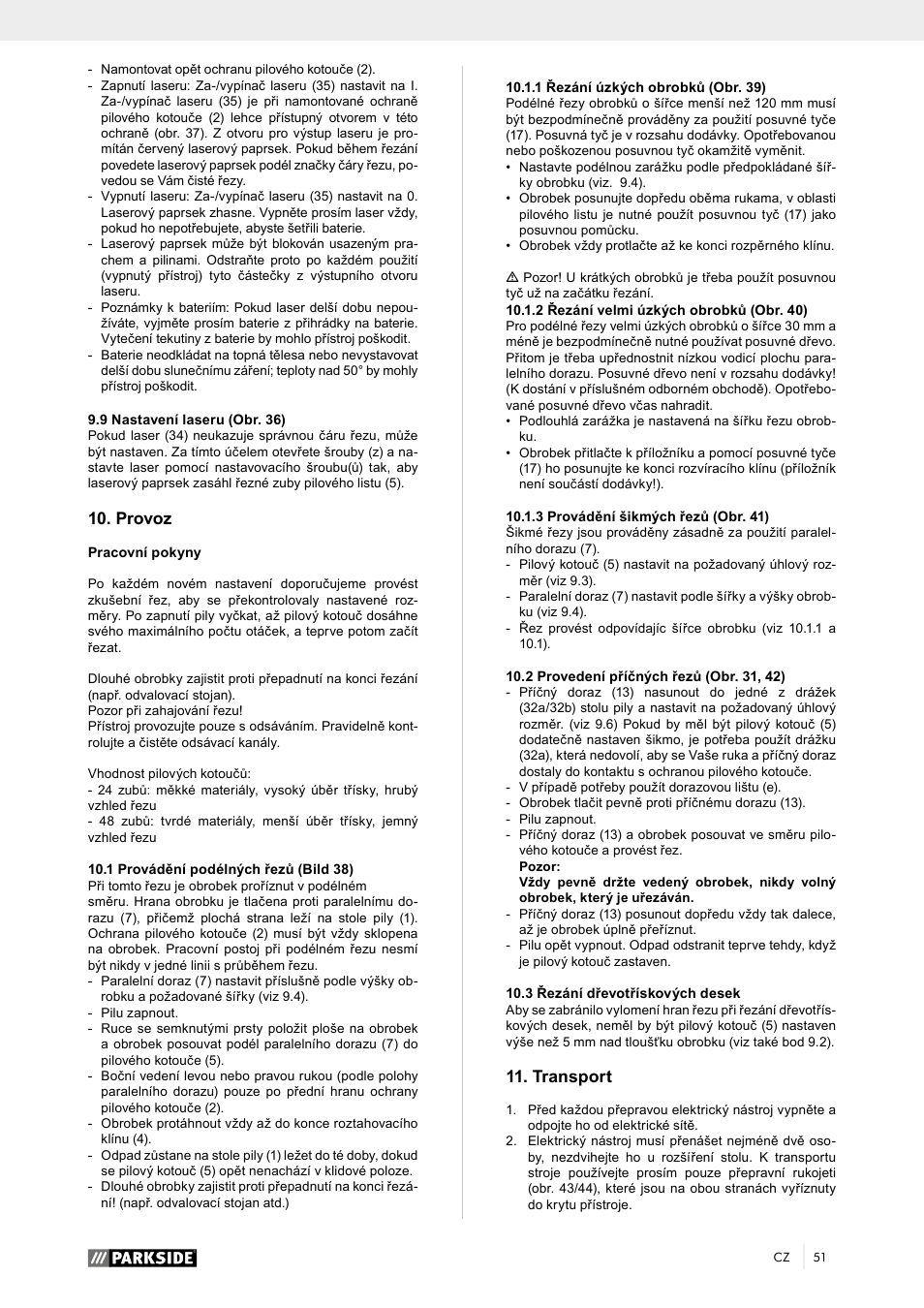 Provoz, Transport | Parkside PTK 2000 A1 User Manual | Page 56 / 90