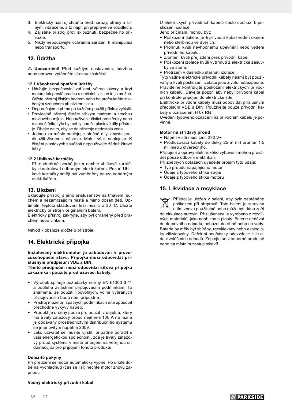 Elektrická přípojka, Likvidace a recyklace, Údržba | Uložení | Parkside PTK 2000 A1 User Manual | Page 57 / 90