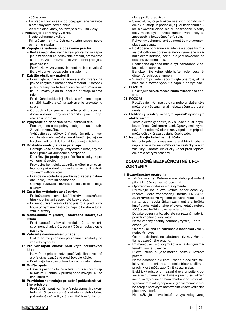 Dodatočné bezpečnostné upo- zornenia | Parkside PTK 2000 A1 User Manual | Page 64 / 90